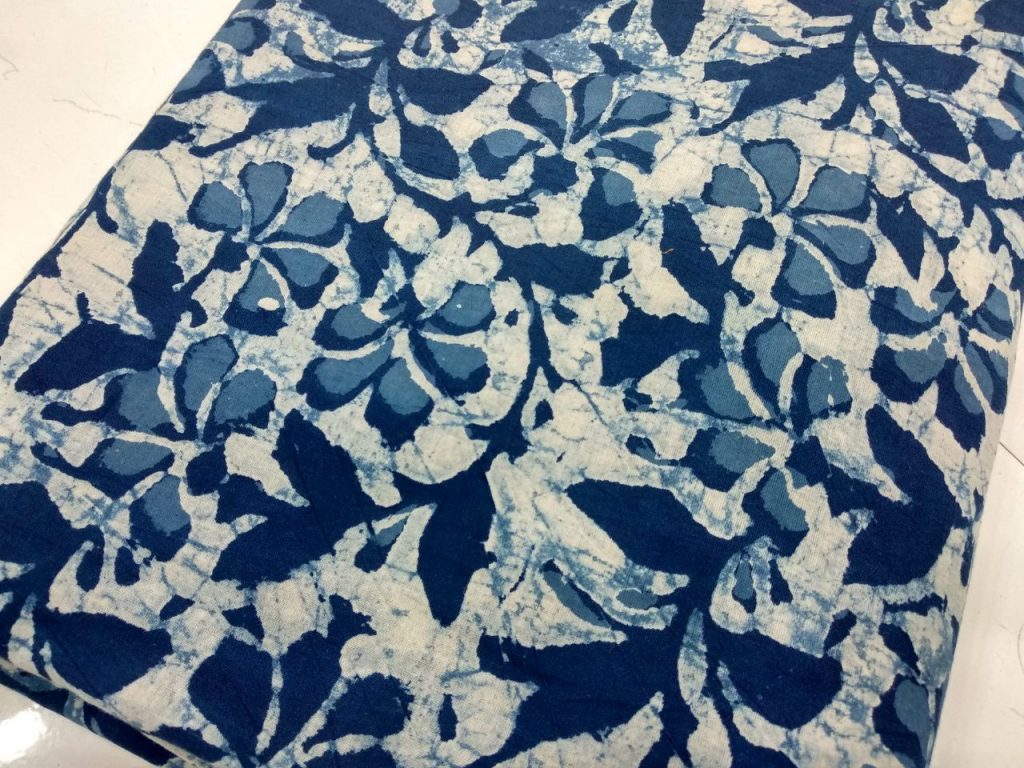 Indigo dabu leaf print cotton running material