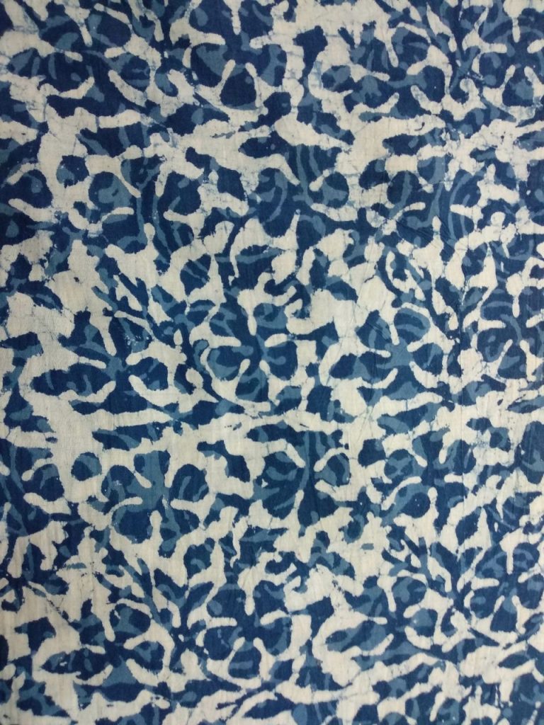 White indigo leaf print cotton running material