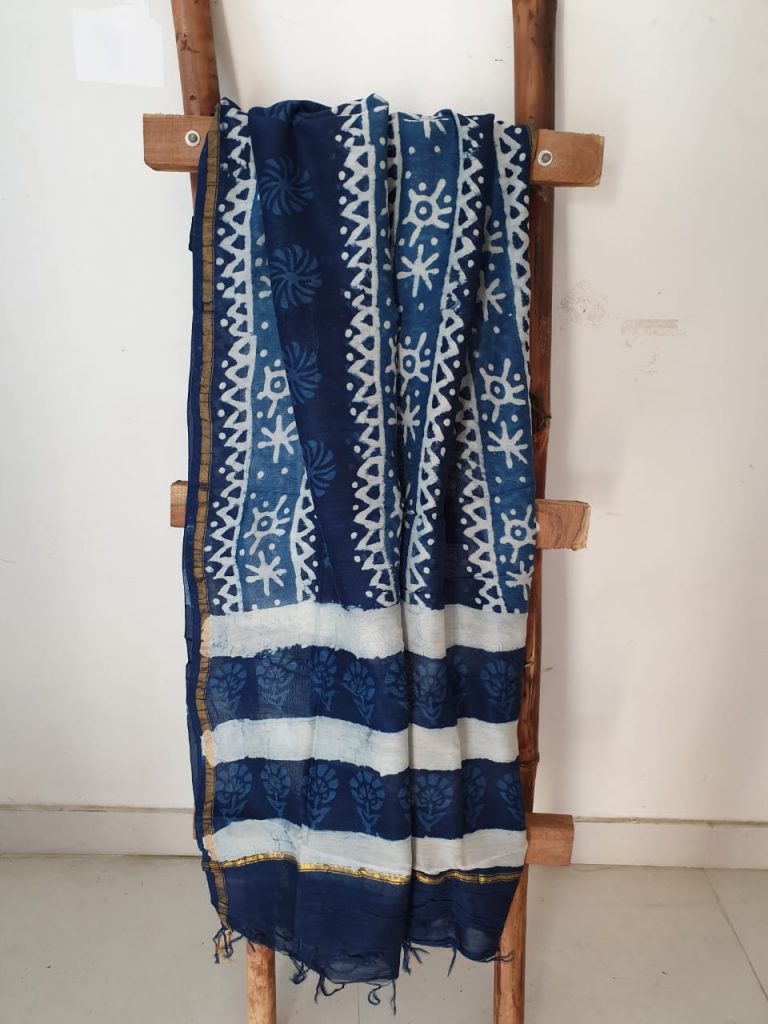 Navy blue bagru tribal print casual wear block print chanderi dupatta