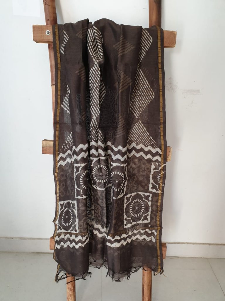 Brown batik square print casual wear block print chanderi dupatta