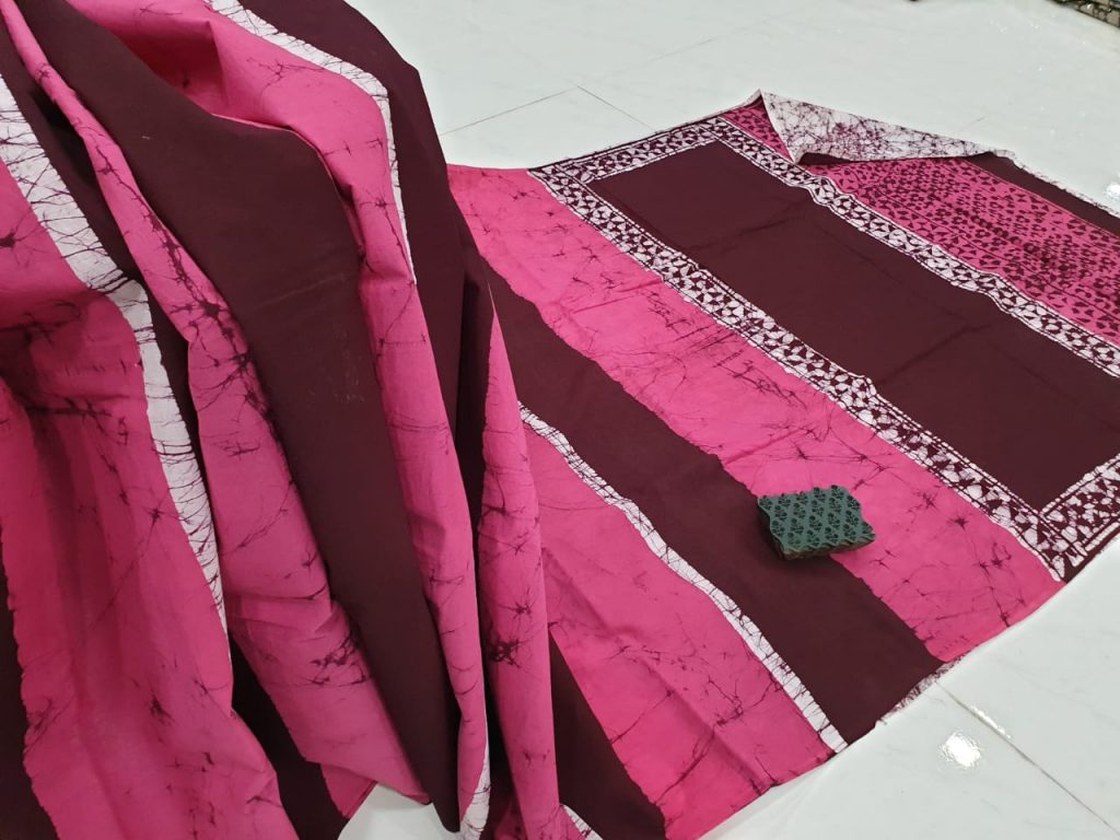 Maroon batik print casual wear cotton saree with blouse