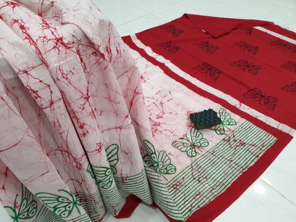 White red batik print cotton mulmul saree