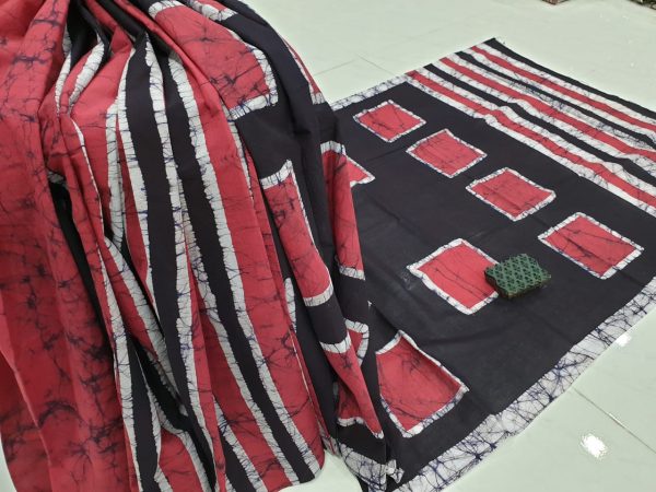 Taupe batik square print daily wear pure cotton saree with blouse piece