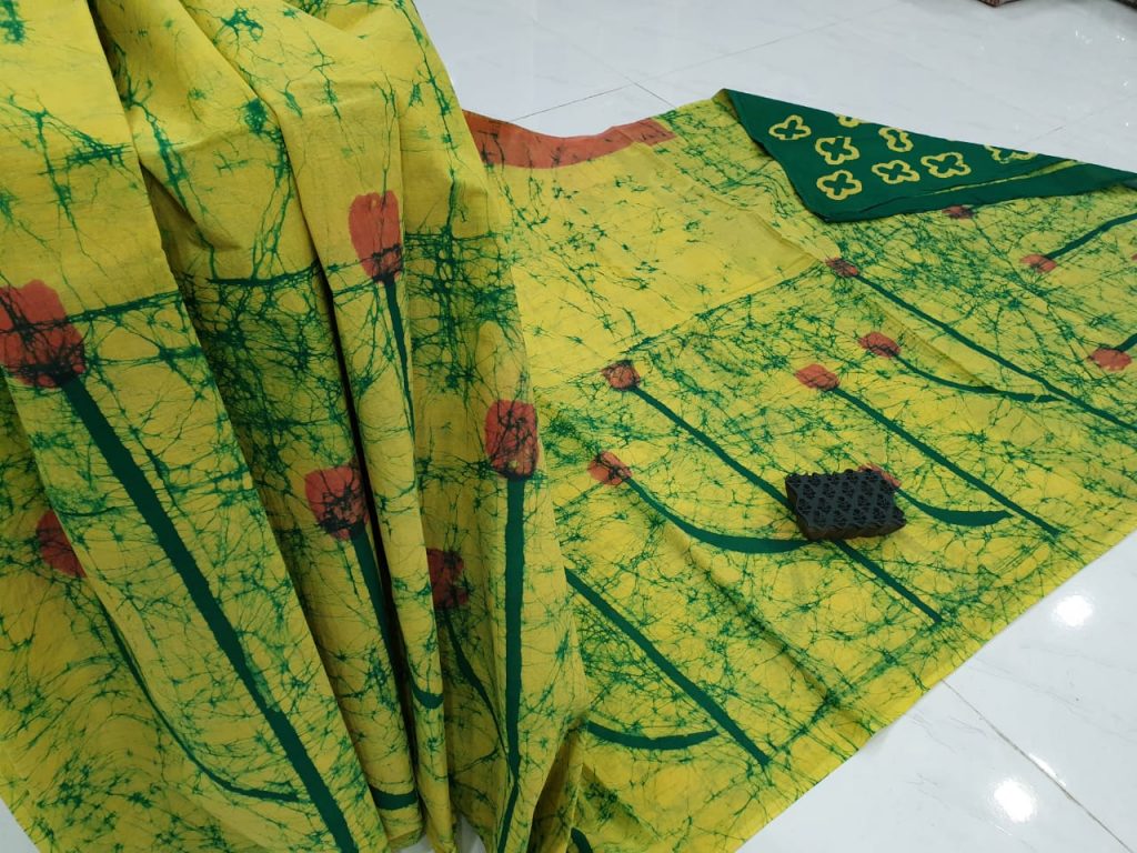 Lemon shibori print cotton mulmul saree