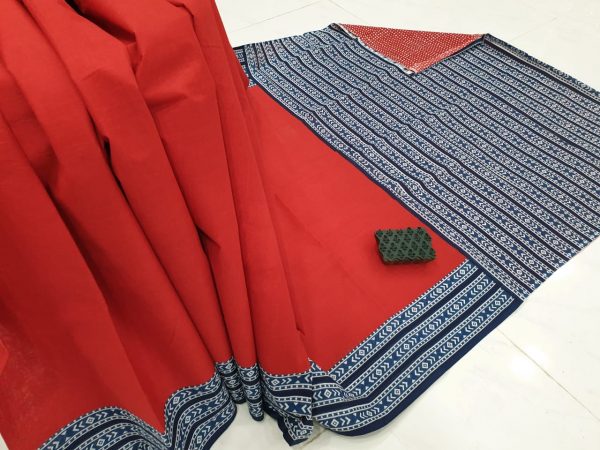 Red bagru print cotton mulmul saree