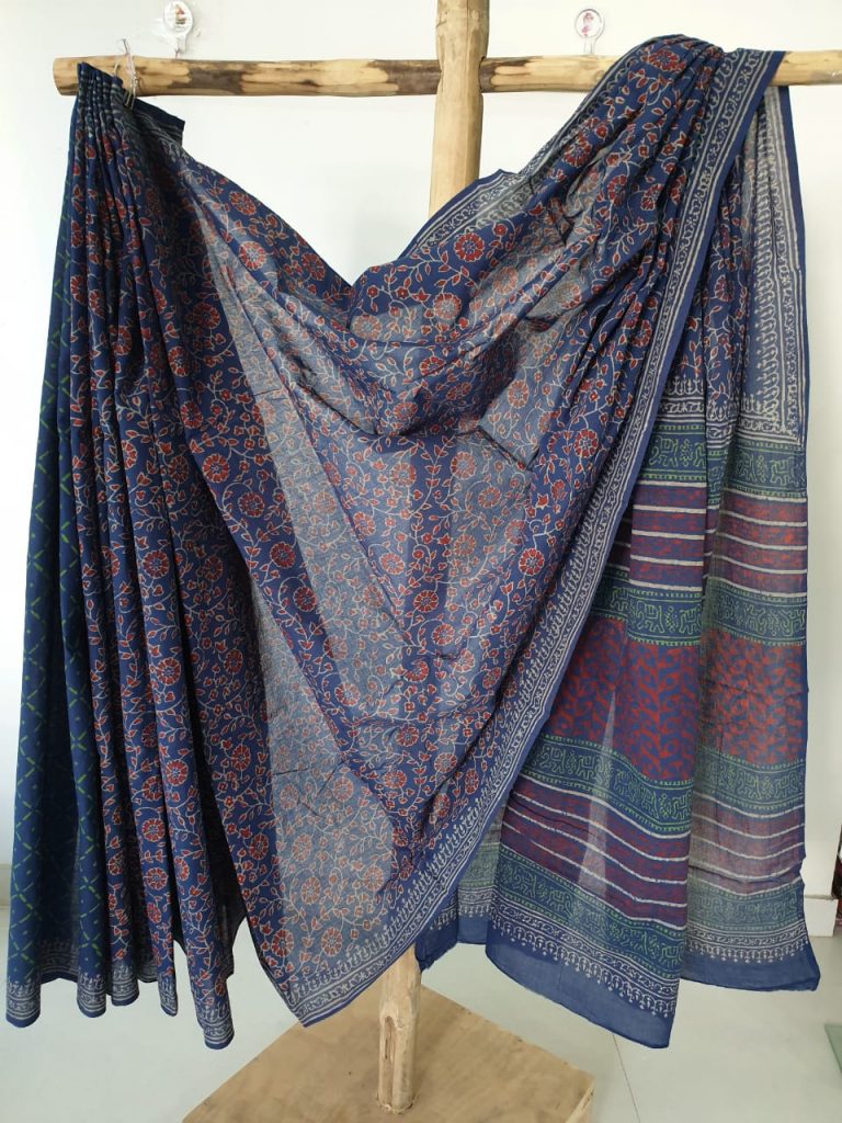 Indigo dabu abstract print mulmul cotton sarees