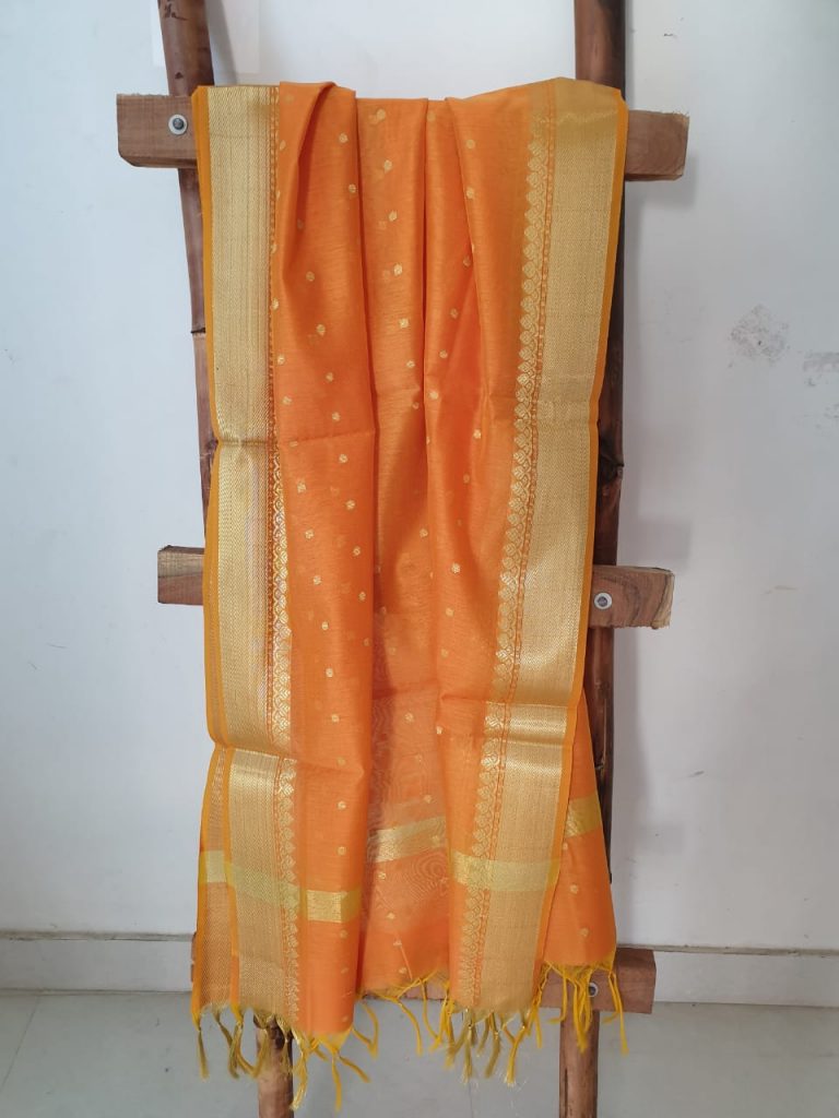 Jaipuri orange polka dots print Jakard golden work dupatta