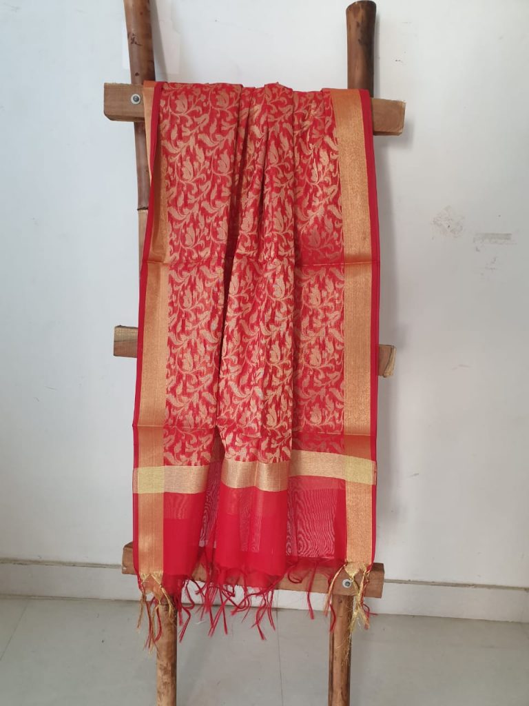 Jaipuri red Jakard golden work dupatta and Synthetic banarasi dupatta