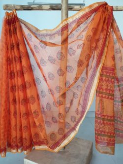 Orange red hand block printed kota silk saree