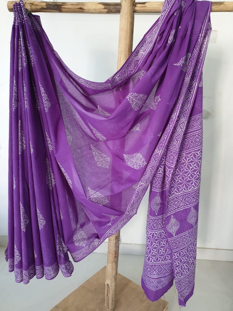 Purple mughal print cotton mulmul saree