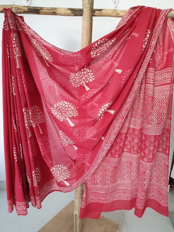 Red mughal tree print cotton mulmul saree