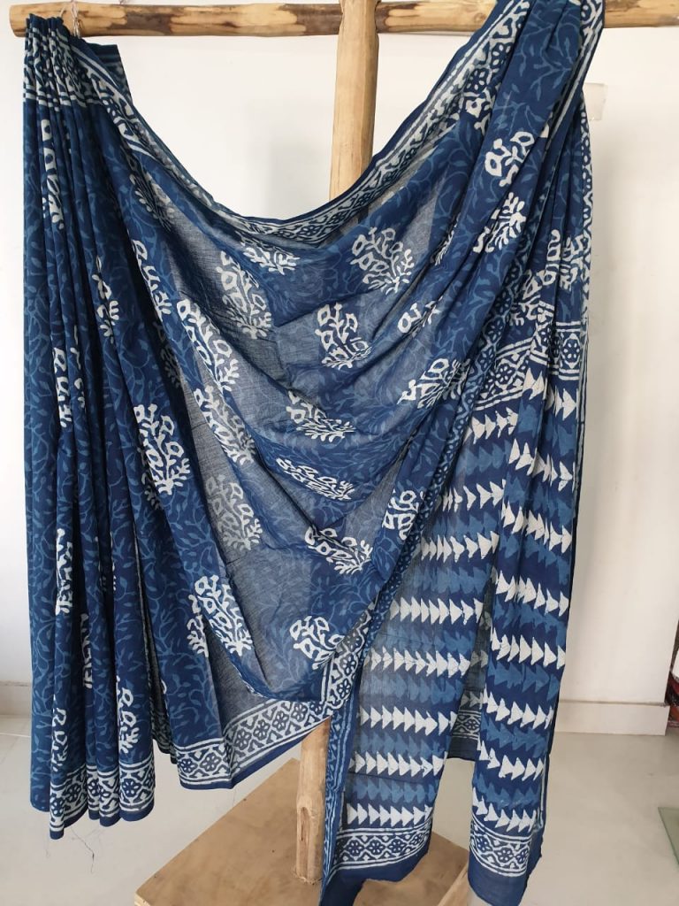 Navy blue mughal print cotton mulmul saree