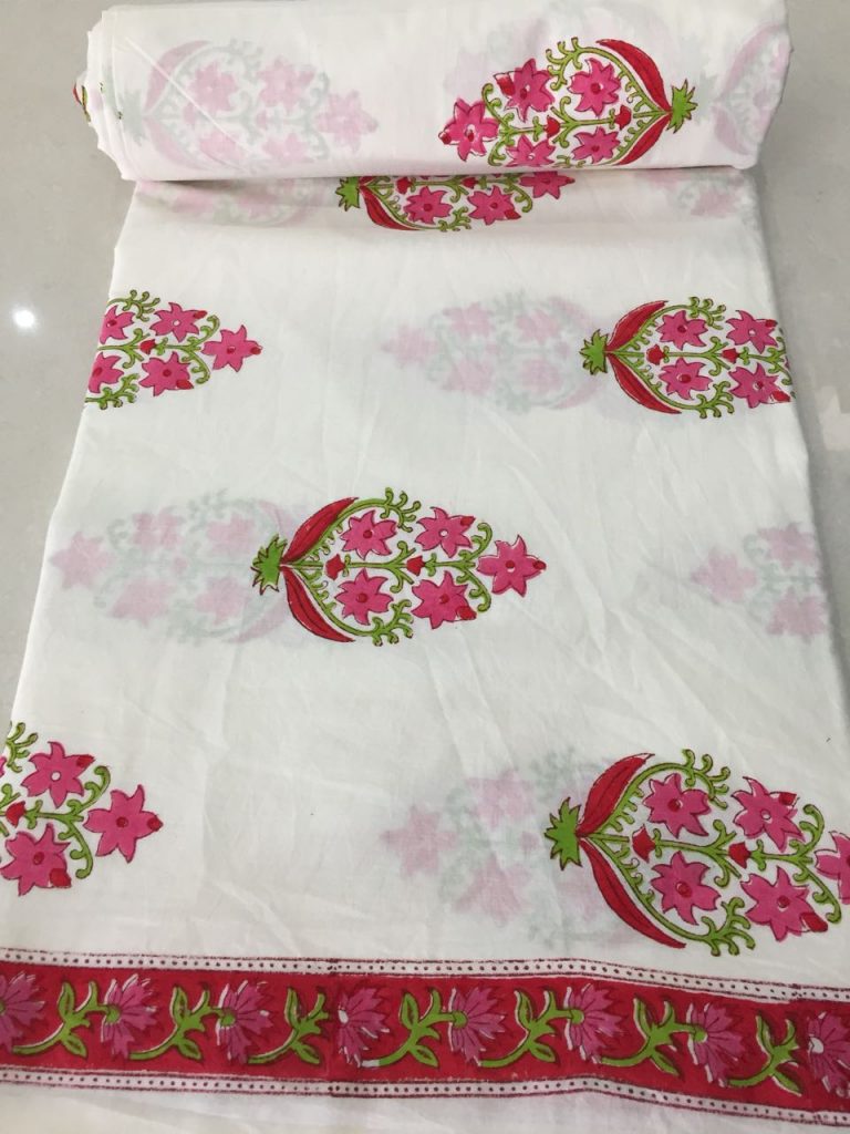 White pink mughal floral print cotton running material