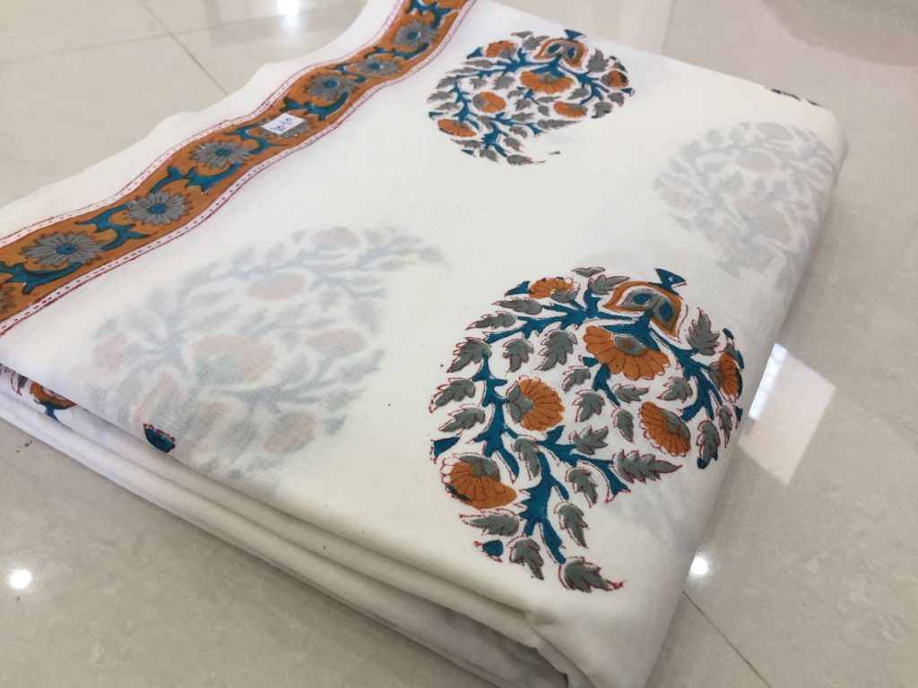 Ladies white mughal floral print cotton running material