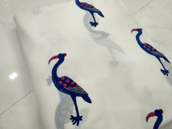 White mughal crane print cotton running material