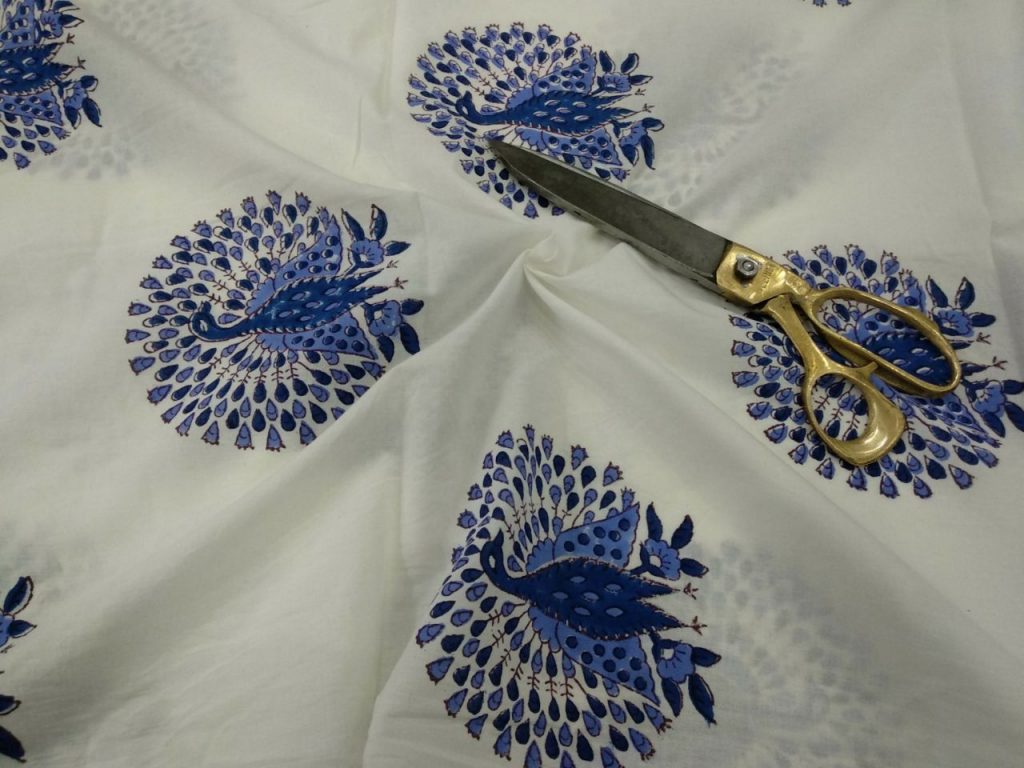 White mughal peacock print cotton running material