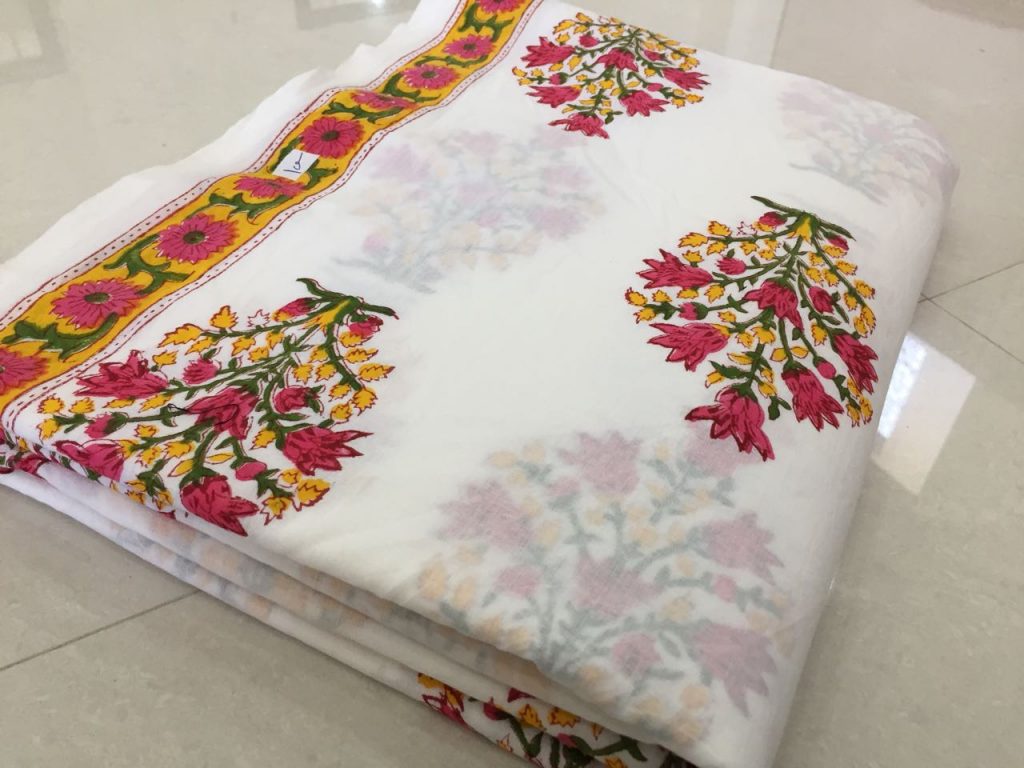 White mughal floral print cotton running material