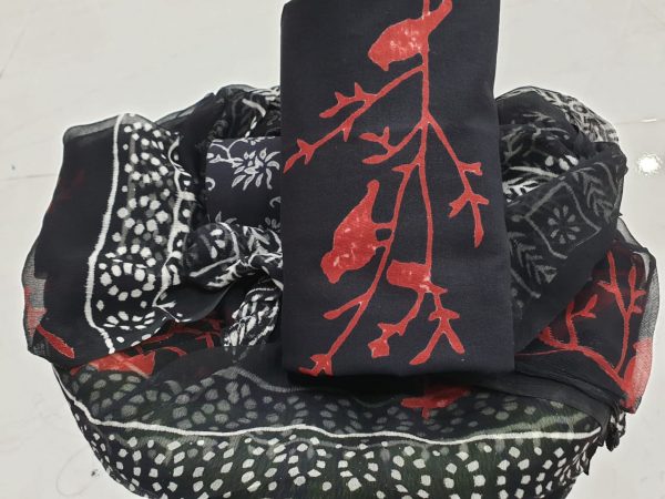 Abstract red printed black cotton suit