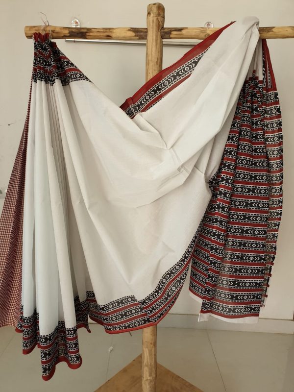 White, orange and green bagru print cotton mulmul saree with blouse