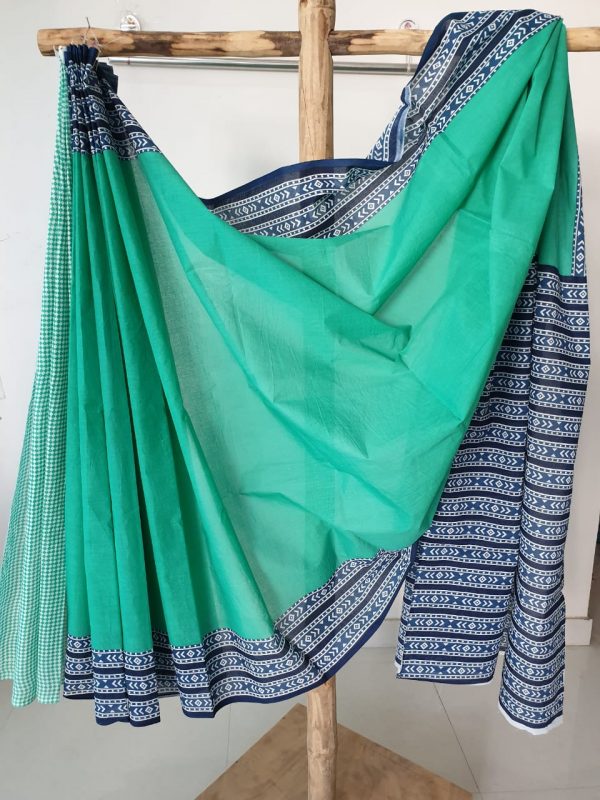 White, orange and green bagru print cotton mulmul saree with blouse