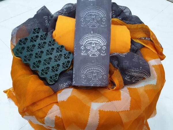 Orange kalamkari bagru print cotton suits with chiffon dupatta