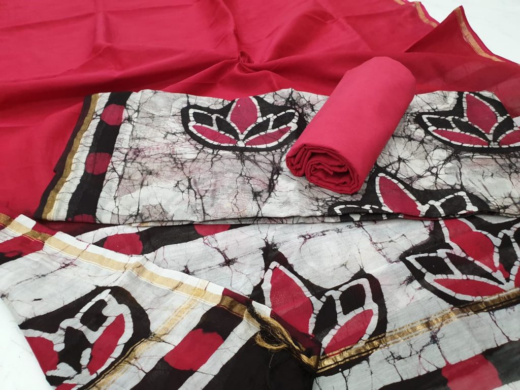 White red batik print chanderi suit with dupatta