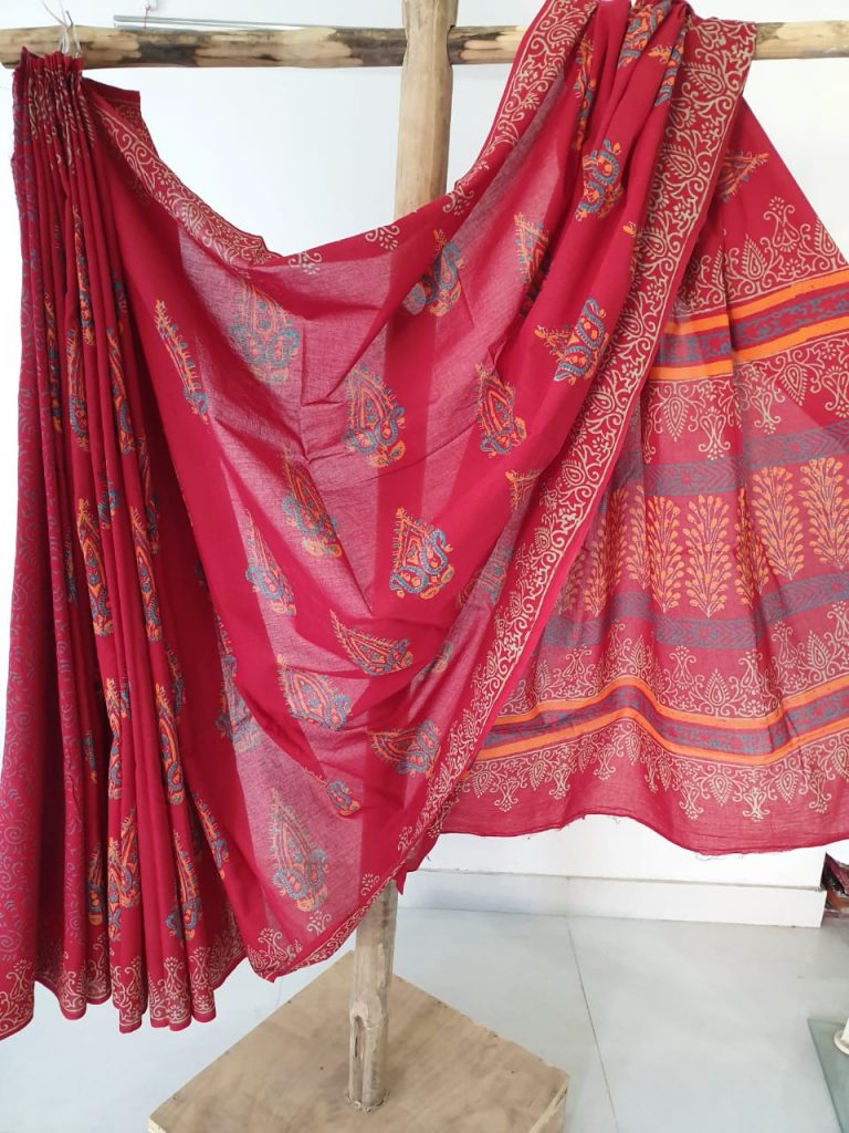 Red mughal print mulmul cotton sarees