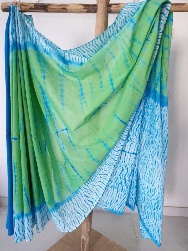Green Cyan shibori print mulmul cotton sarees