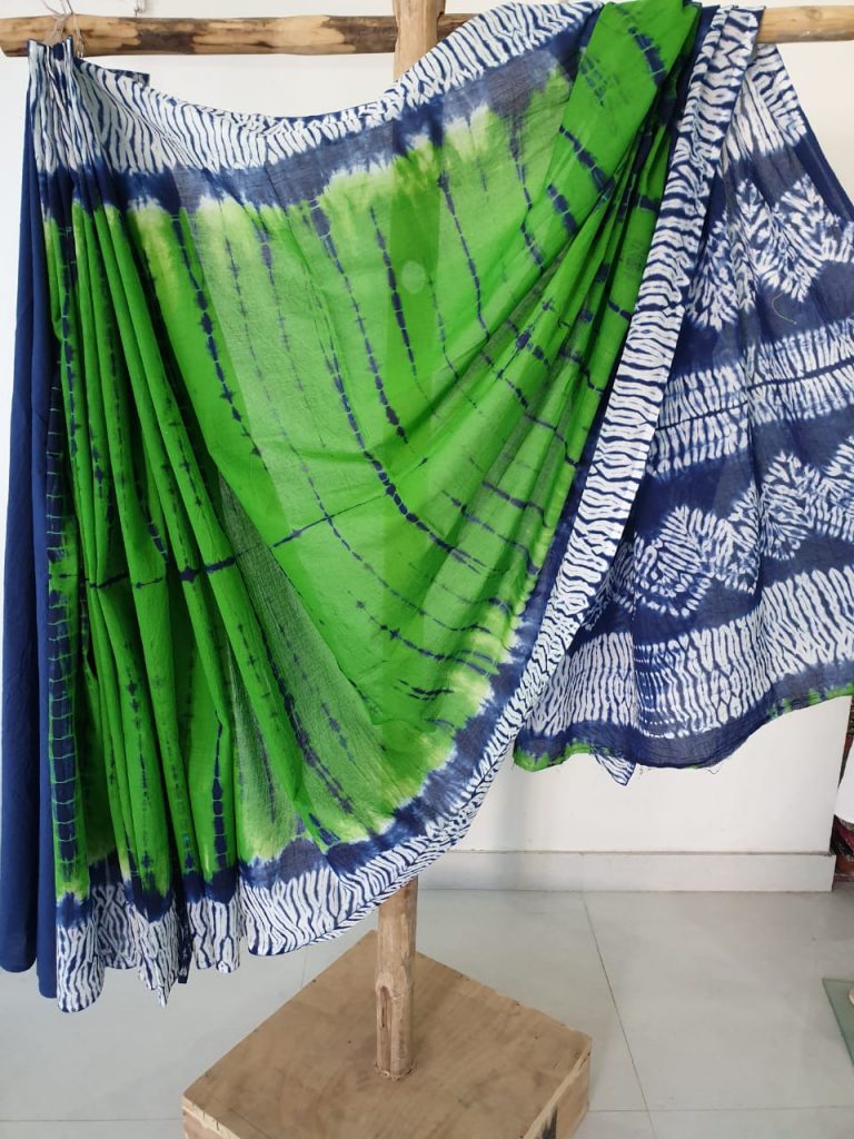 Green shibori print mulmul cotton sarees with blouse
