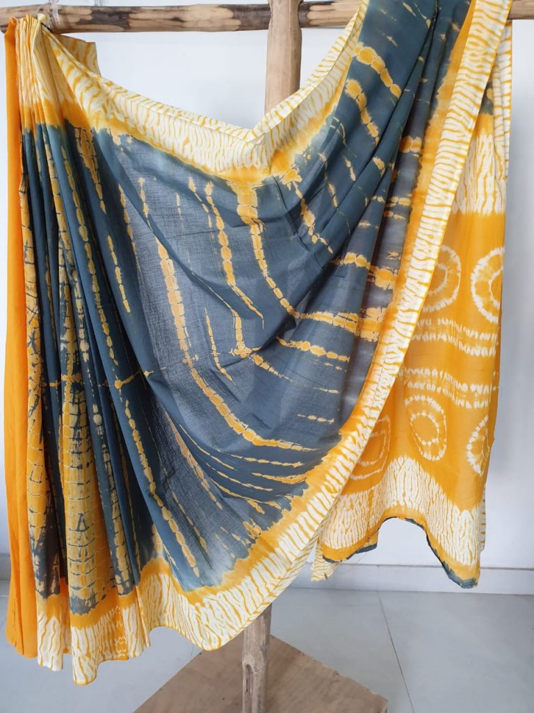Yellow taupe shibori print mulmul cotton sarees