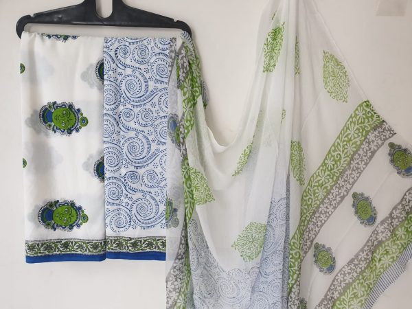 White mughal print japuri cotton suits with chiffon dupatta