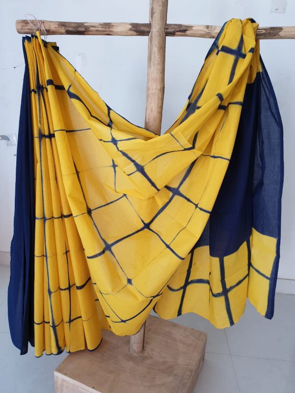 Yellow shibori print cotton saree with blouse
