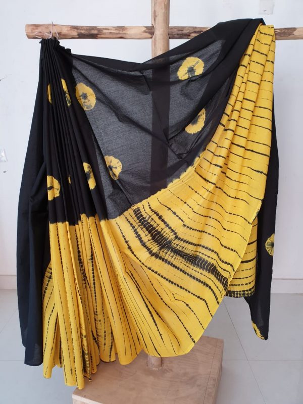 Yellow black shibori print cotton saree with blouse