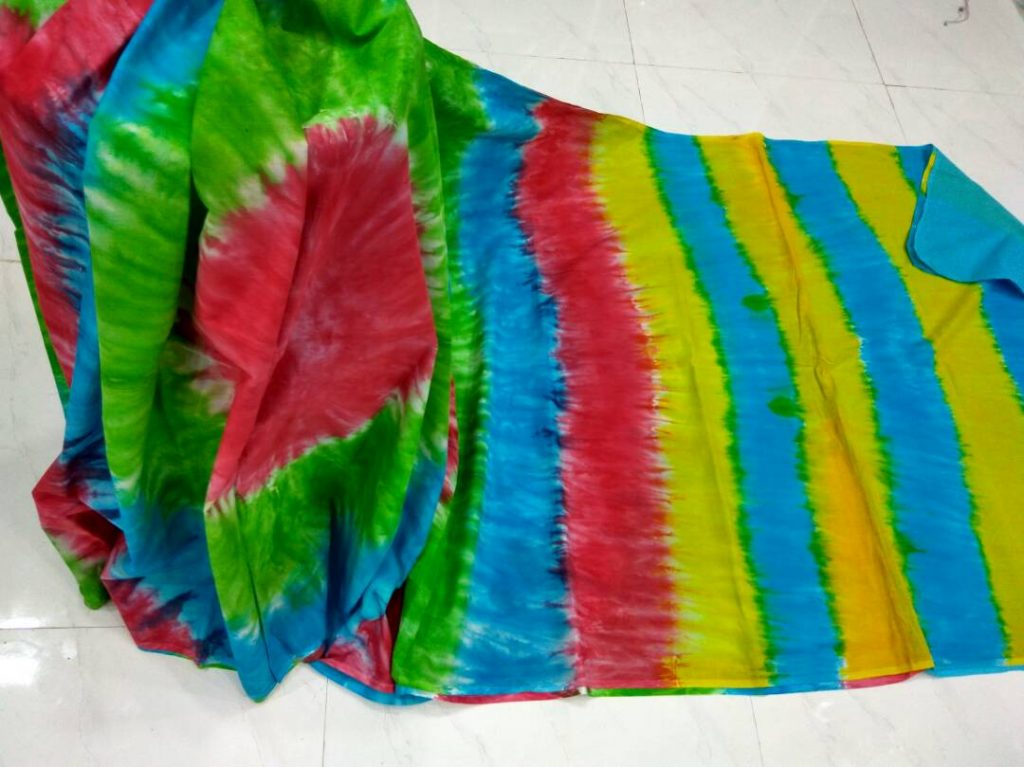 Multicolor shibori print cotton mulmul saree
