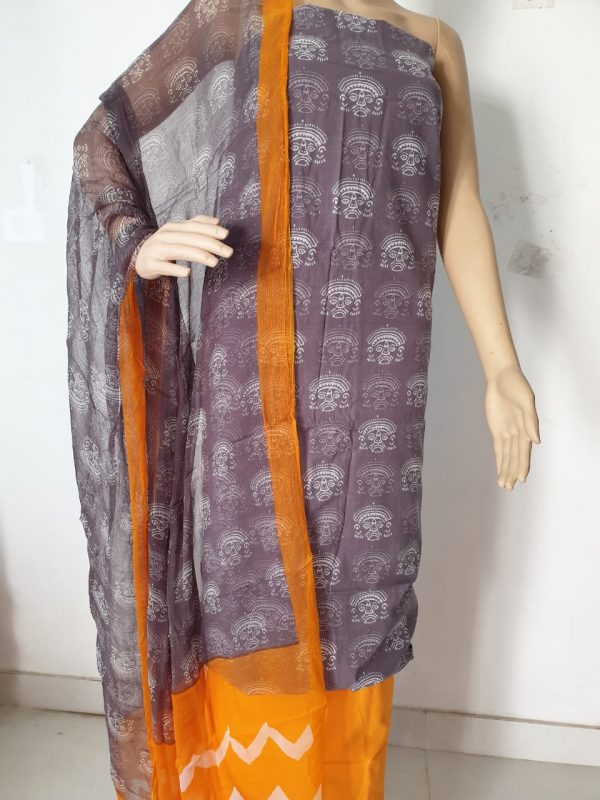 Orange kalamkari bagru print cotton suits with chiffon dupatta