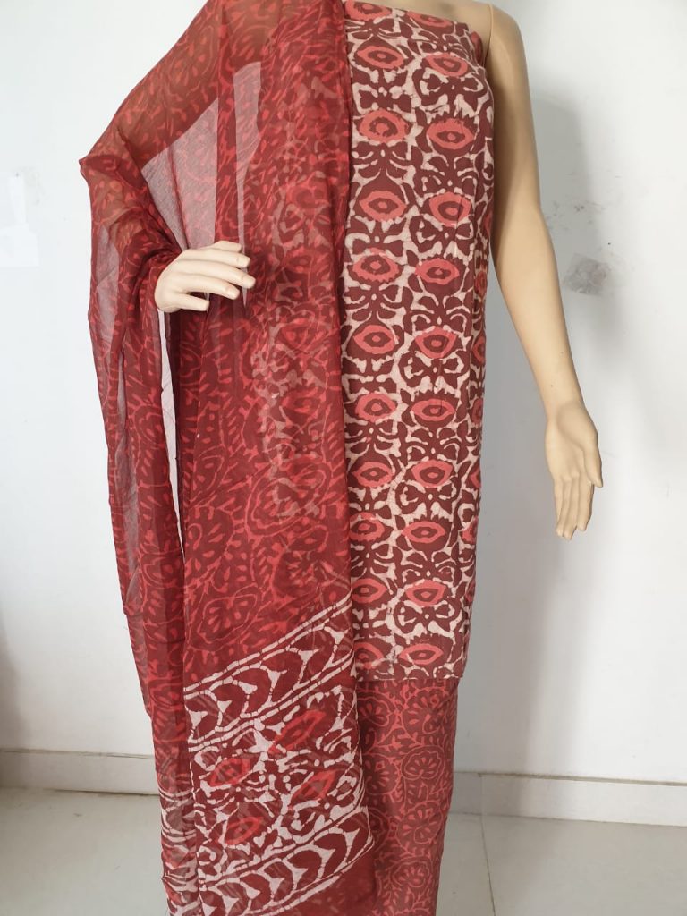 Crimson Pigment print jaipuri cotton suits with chiffon dupatta