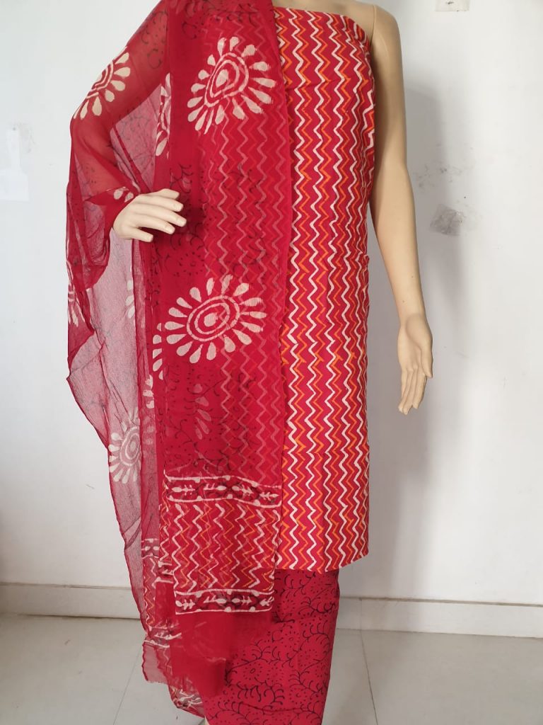Red bagru chevron print jaipuri cotton suits with chiffon dupatta