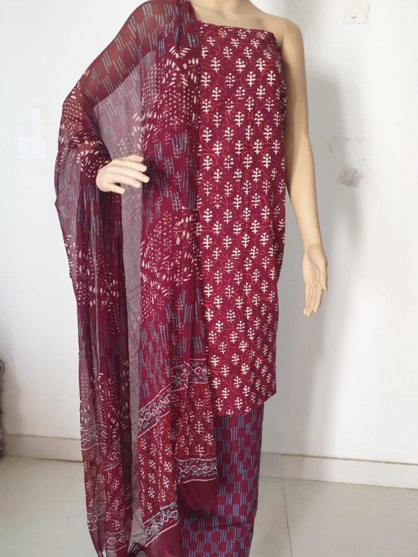 Maroon bagru print jaipuri cotton suits with chiffon dupatta