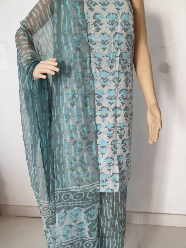 Silver batik print cotton dress materials with chiffon dupatta