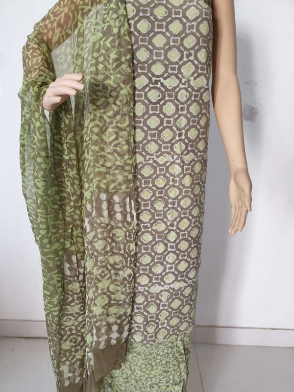 Green bagru print cotton suits with chiffon dupatta