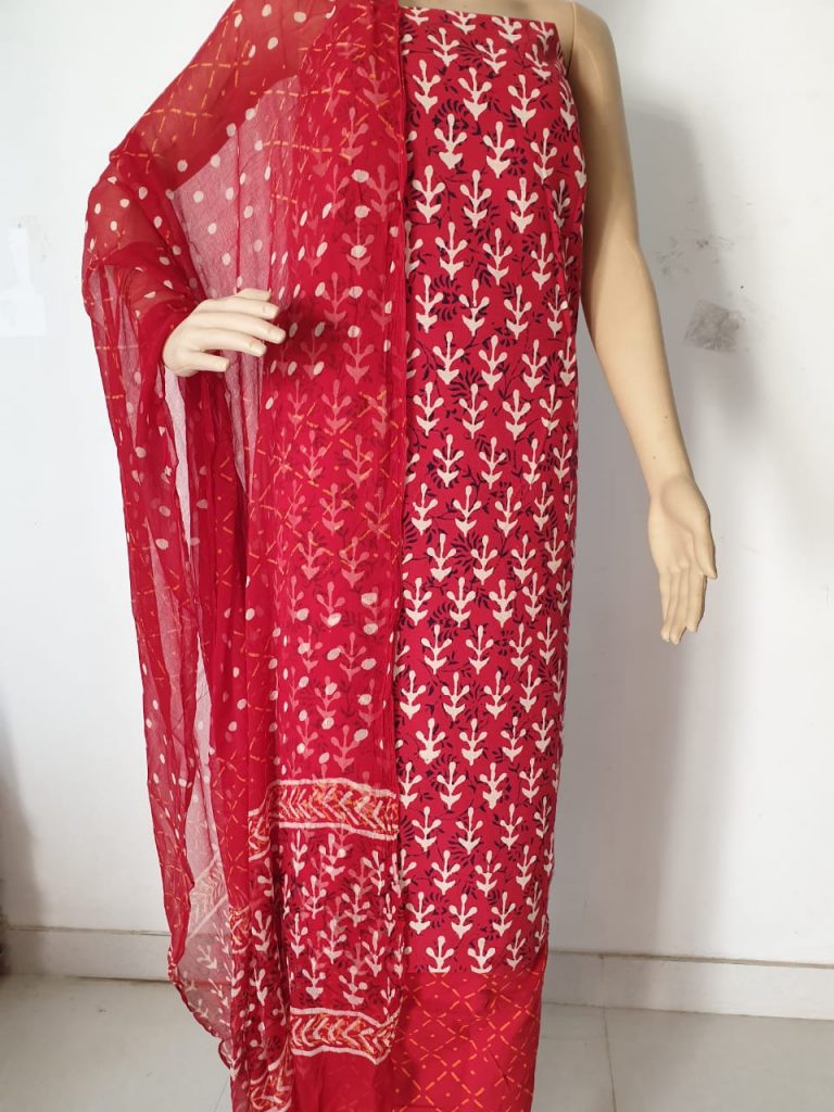 Red bagru print cotton suits with chiffon dupatta