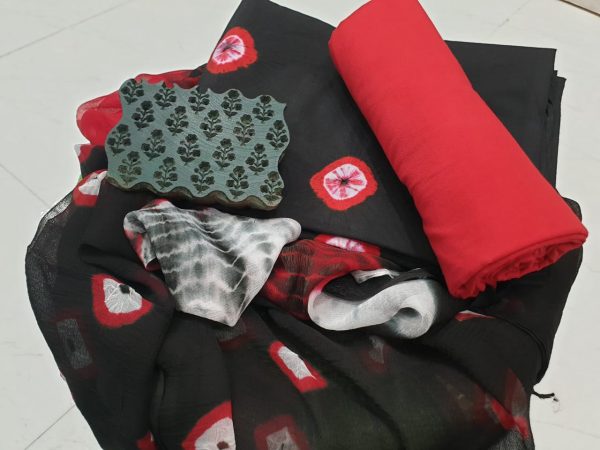 Black red bandhej cotton suit set
