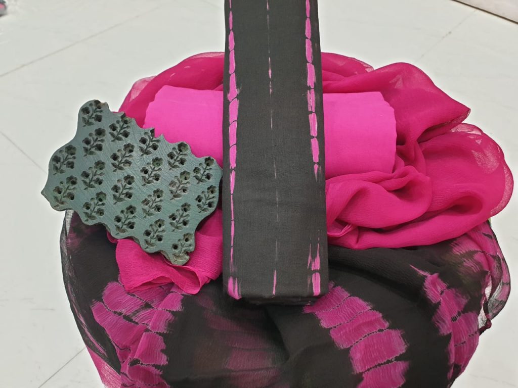 Shibori Black and rose pink cotton suit set