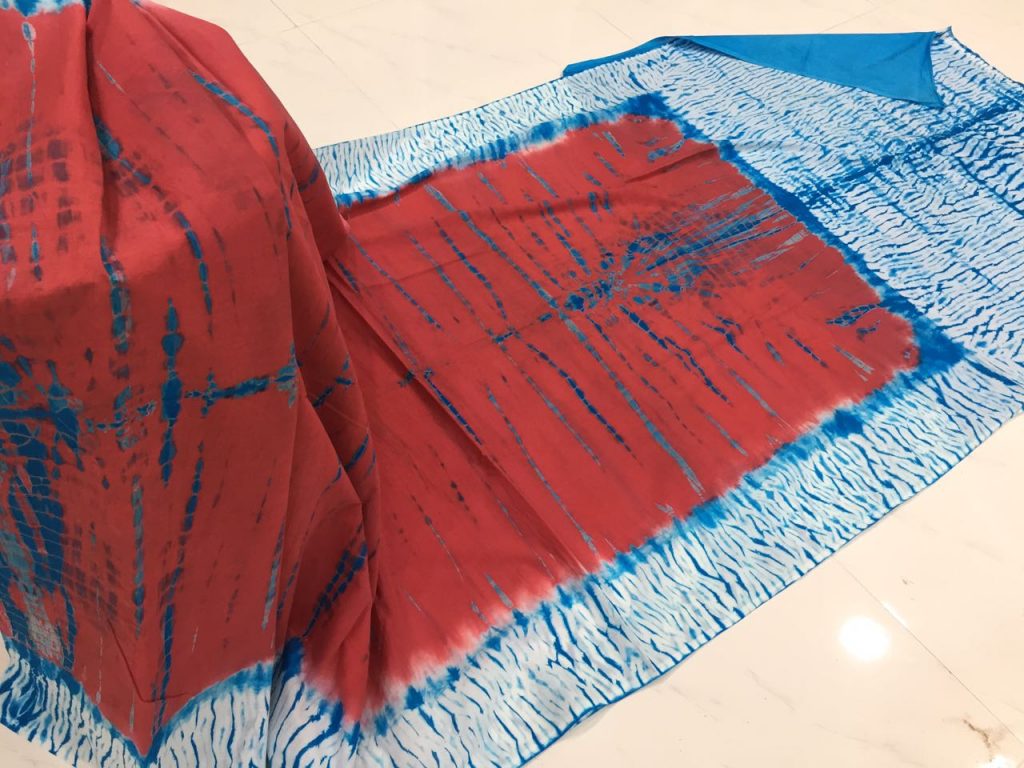 Red shibori print cotton mulmul saree