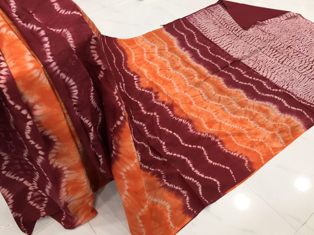 Maroon shibori waves print cotton mulmul cotton saree