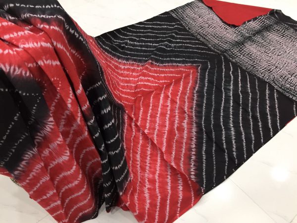 Red black shibori print cotton mulmul cotton saree