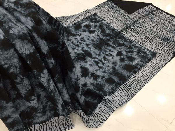 Black shibori print cotton mulmul cotton saree