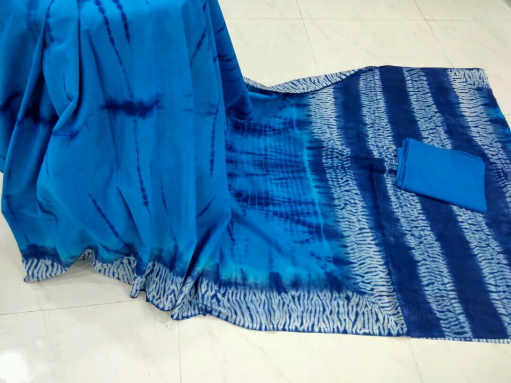Blue shibori print cotton mulmul saree
