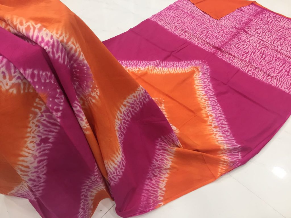 Ruby orange shibori print cotton mulmul cotton saree