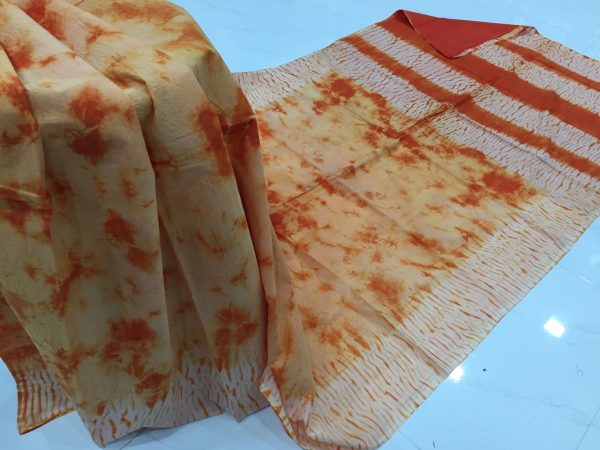 Peach shibori print cotton mulmul cotton saree